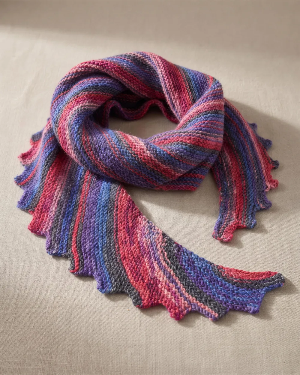 Derselbe handgestrickte Schal edel drapiert als Studio-Produktfoto (nachher)